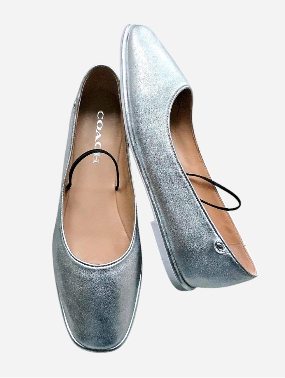 New In Box Coach Emilia Metallic Silver Squared-Toe Leather Ballet Flats, 8.5